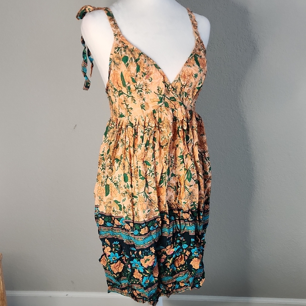 SHEIN Floral Print Mini Dress in Peach and Blue With Tie Straps Small